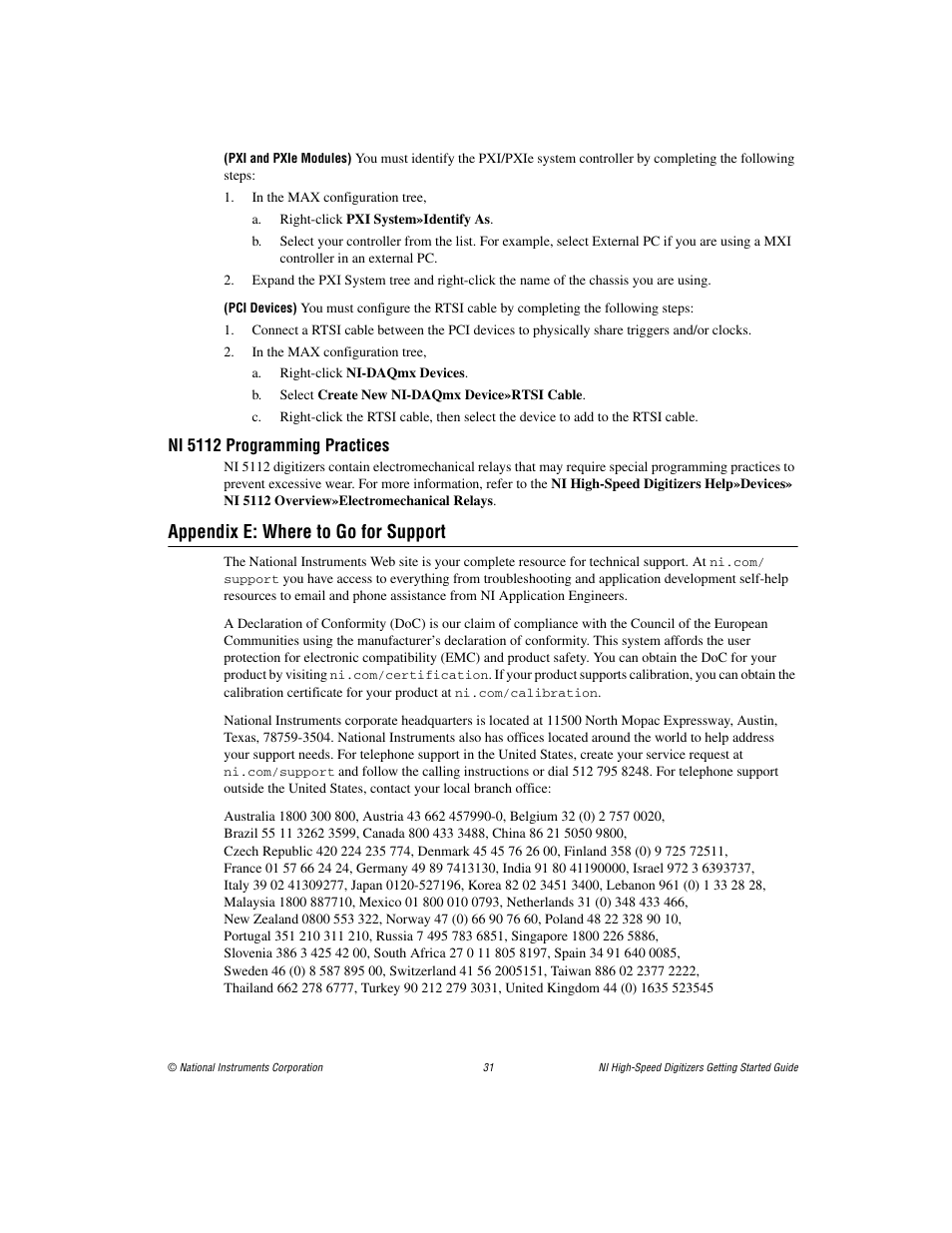 Ni 5112 programming practices, Appendix e: where to go for support | National Instruments NI 5102 User Manual | Page 31 / 68