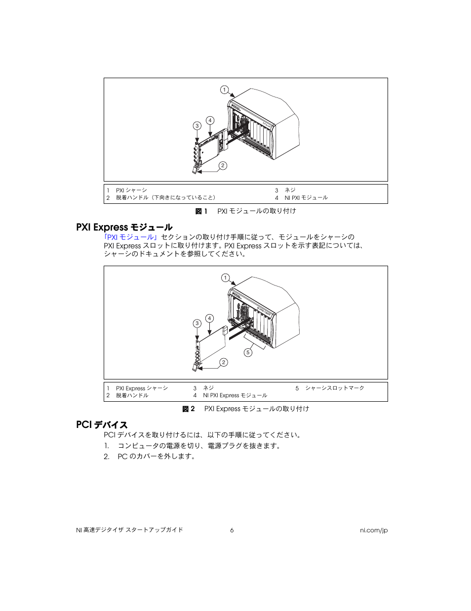 図 1 pxiモジュールの取り付け, Pxi expressモジュール, 図 2 pxi expressモジュールの取り付け | Pciデバイス, Pxi express, モジュール, デバイス | National Instruments NI 5102 User Manual | Page 38 / 68