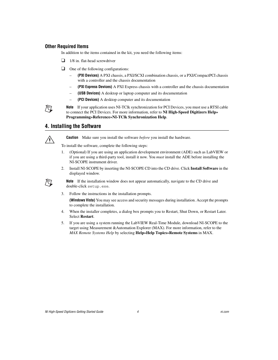 Other required items, Installing the software | National Instruments NI 5102 User Manual | Page 4 / 68