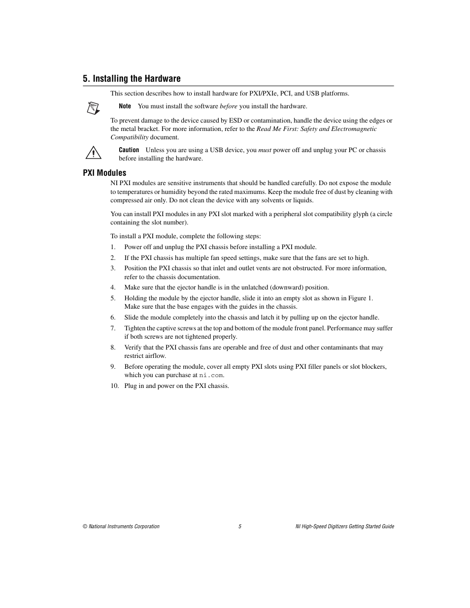 Installing the hardware, Pxi modules | National Instruments NI 5102 User Manual | Page 5 / 68