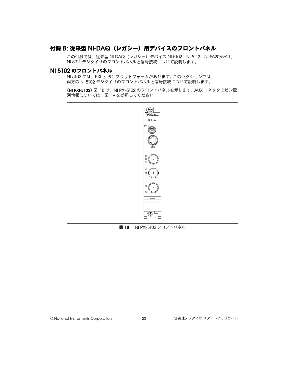 付録b: 従来型ni-daq（レガシー）用デバイスのフロントパネル, Ni 5102のフロントパネル, 図 18 ni pxi-5102フロントパネル | Ni-daq, レガシー）用デバイスのフロントパネル, Ni 5102, のフロントパネル | National Instruments NI 5102 User Manual | Page 55 / 68