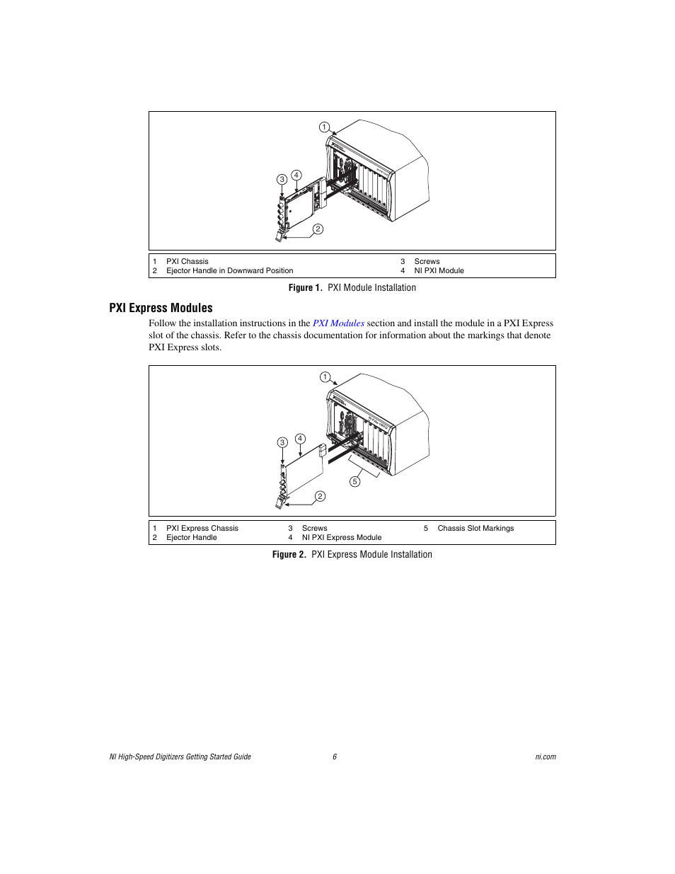 Figure 1. pxi module installation, Pxi express modules, Figure 2. pxi express module installation | National Instruments NI 5102 User Manual | Page 6 / 68