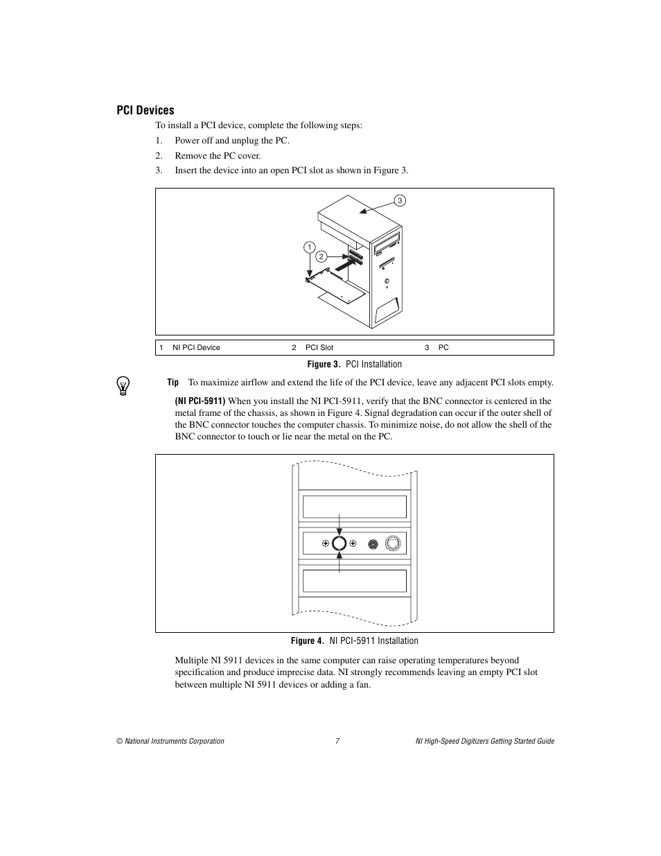 Pci devices, Figure 3. pci installation, Figure 4. ni pci-5911 installation | National Instruments NI 5102 User Manual | Page 7 / 68