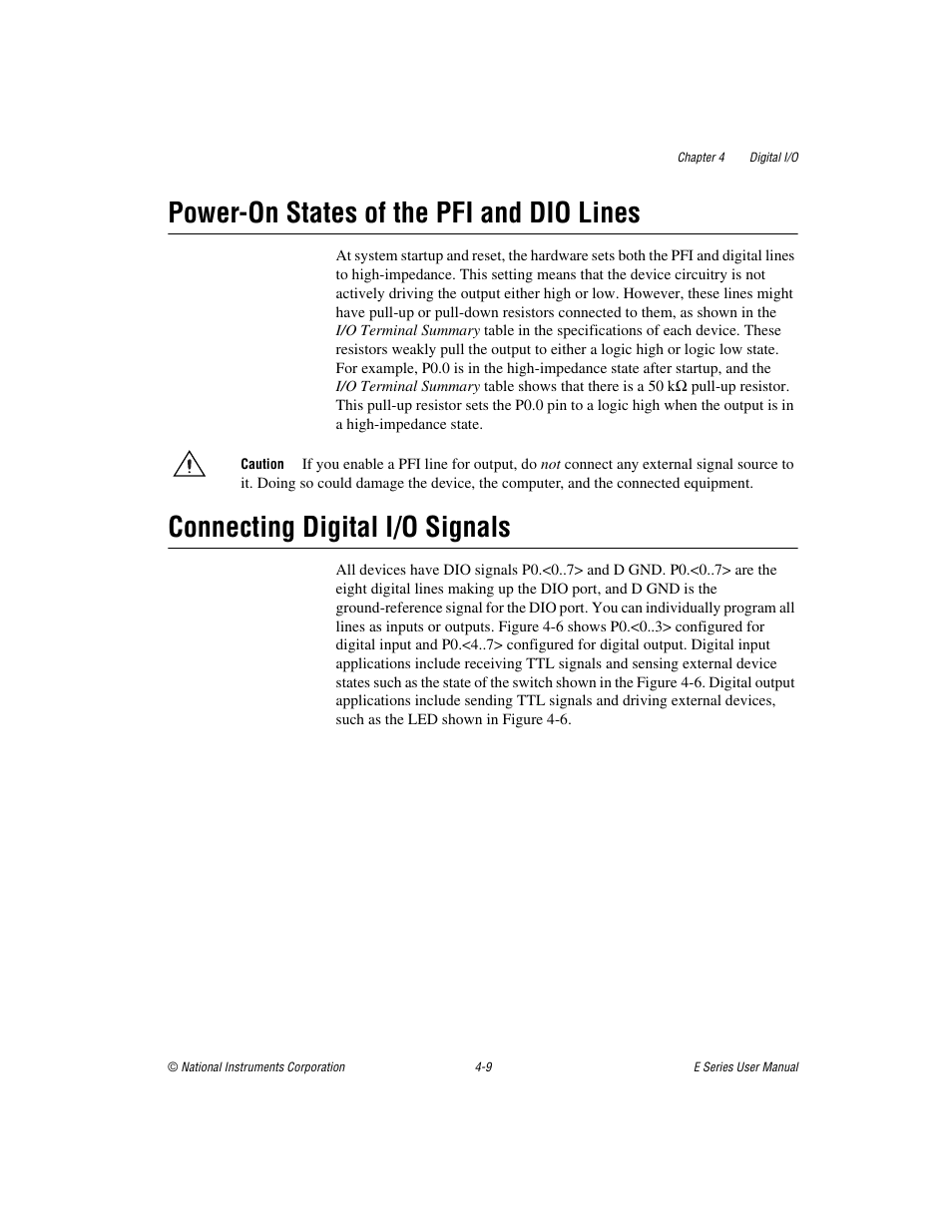 Power-on states of the pfi and dio lines, Connecting digital i/o signals | National Instruments Data Acquisition Device E Series User Manual | Page 104 / 264