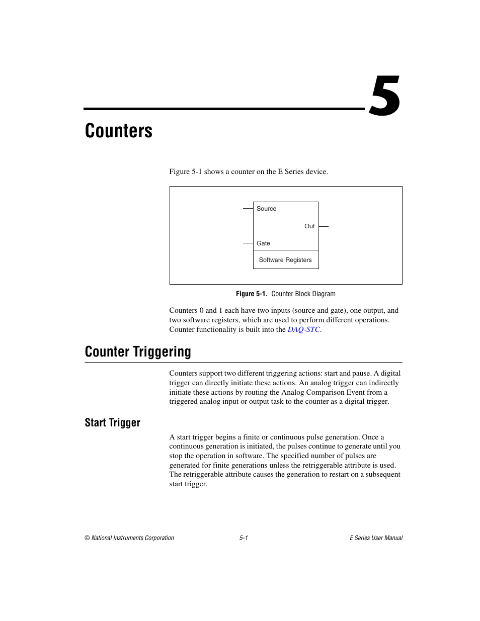 Chapter 5 counters, Figure 5-1. counter block diagram, Counter triggering | Start trigger, Counter triggering -1, Start trigger -1, Counters | National Instruments Data Acquisition Device E Series User Manual | Page 106 / 264