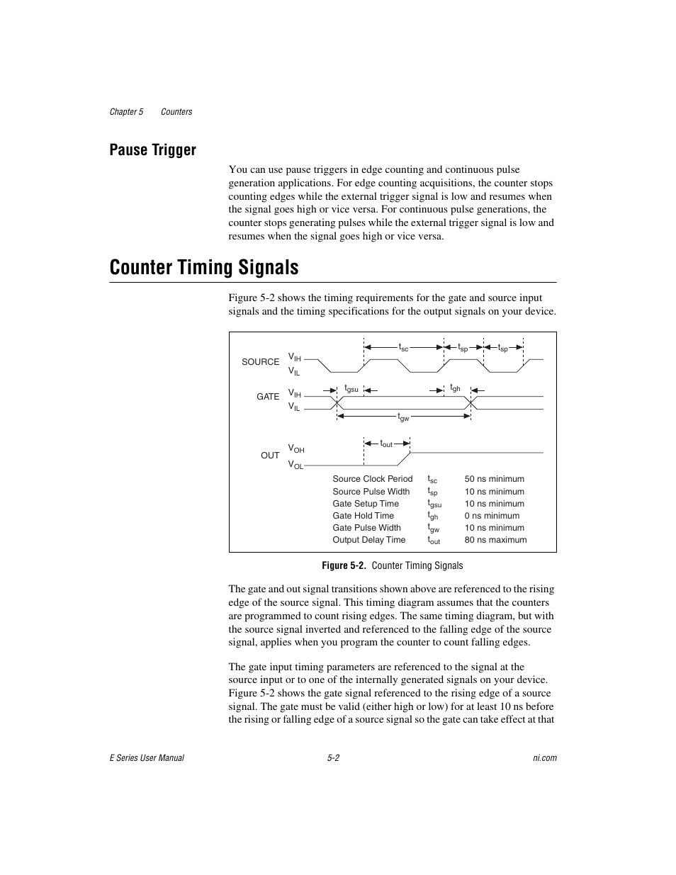 Pause trigger, Counter timing signals, Figure 5-2. counter timing signals | Pause trigger -2, Counter timing signals -2 | National Instruments Data Acquisition Device E Series User Manual | Page 107 / 264