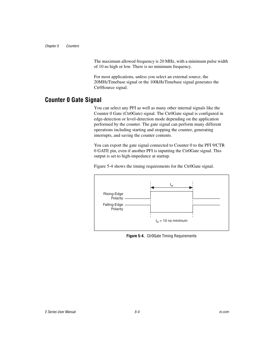 Counter 0 gate signal, Figure 5-4. ctr0gate timing requirements, Counter 0 gate signal -4 | National Instruments Data Acquisition Device E Series User Manual | Page 109 / 264