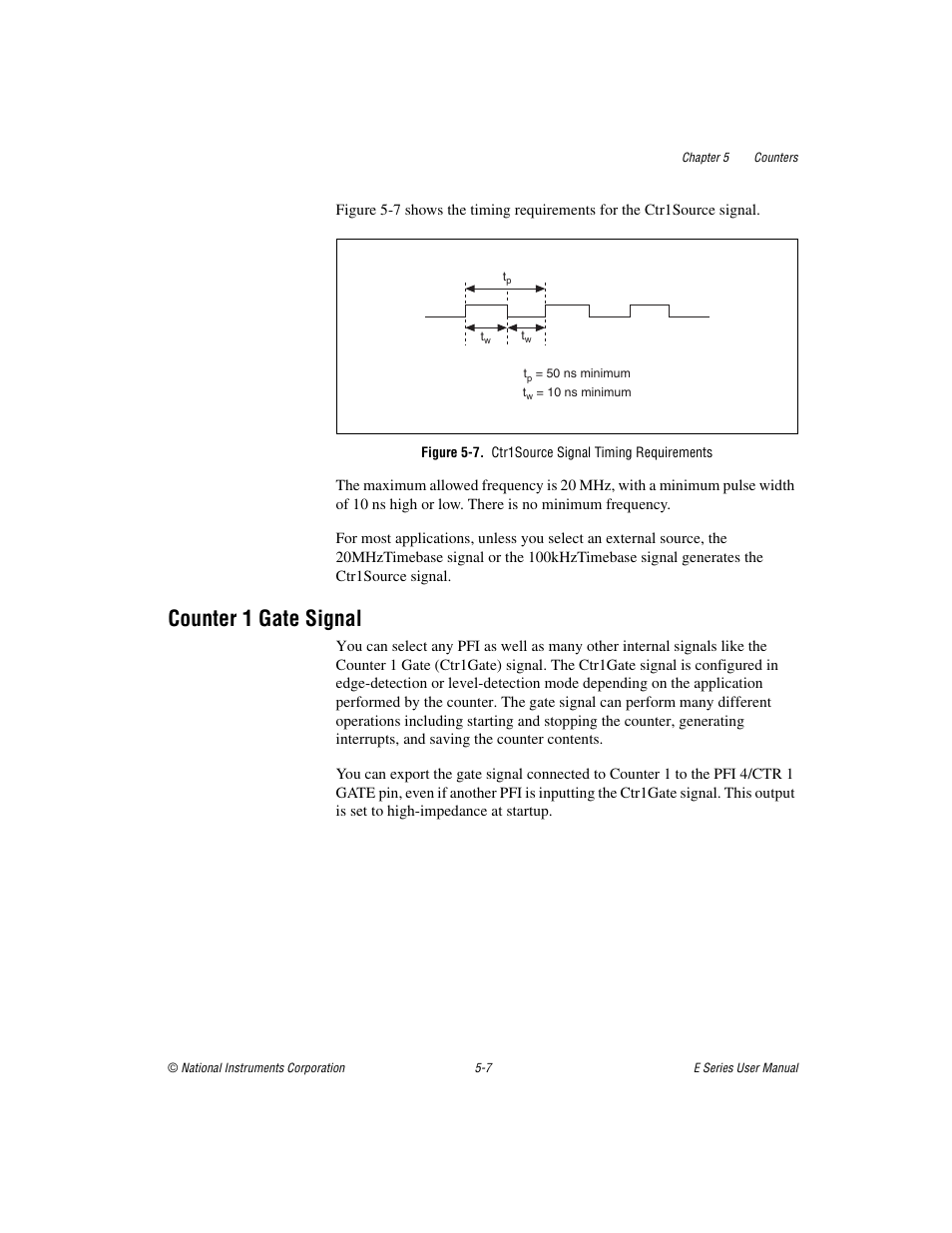 Figure 5-7. ctr1source signal timing requirements, Counter 1 gate signal, Counter 1 gate signal -7 | National Instruments Data Acquisition Device E Series User Manual | Page 112 / 264