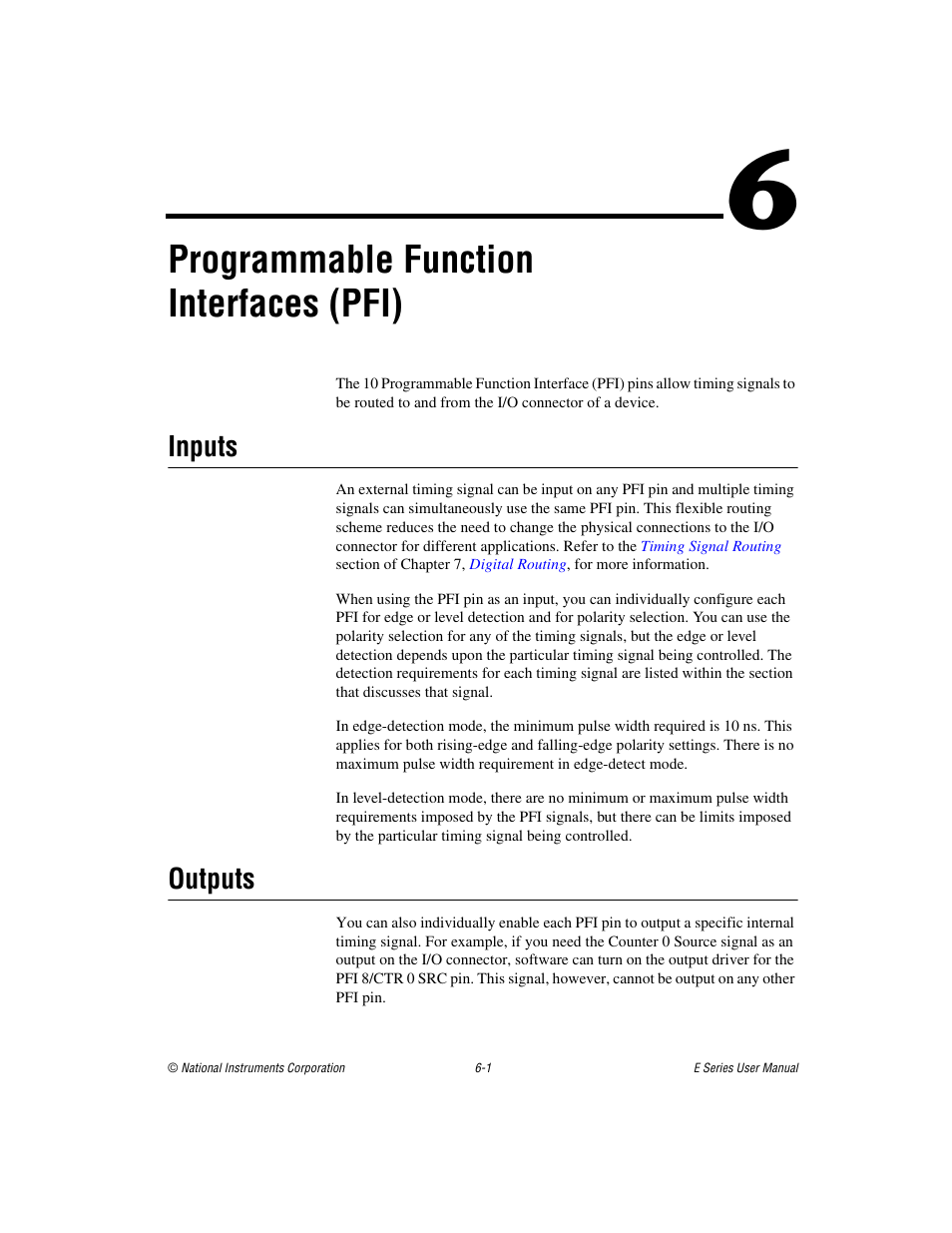 Chapter 6 programmable function interfaces (pfi), Inputs, Outputs | Inputs -1 outputs -1, Programmable function interfaces (pfi) | National Instruments Data Acquisition Device E Series User Manual | Page 116 / 264