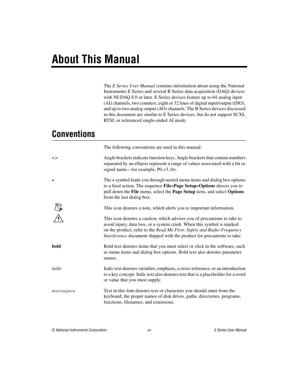 About this manual, Conventions | National Instruments Data Acquisition Device E Series User Manual | Page 12 / 264