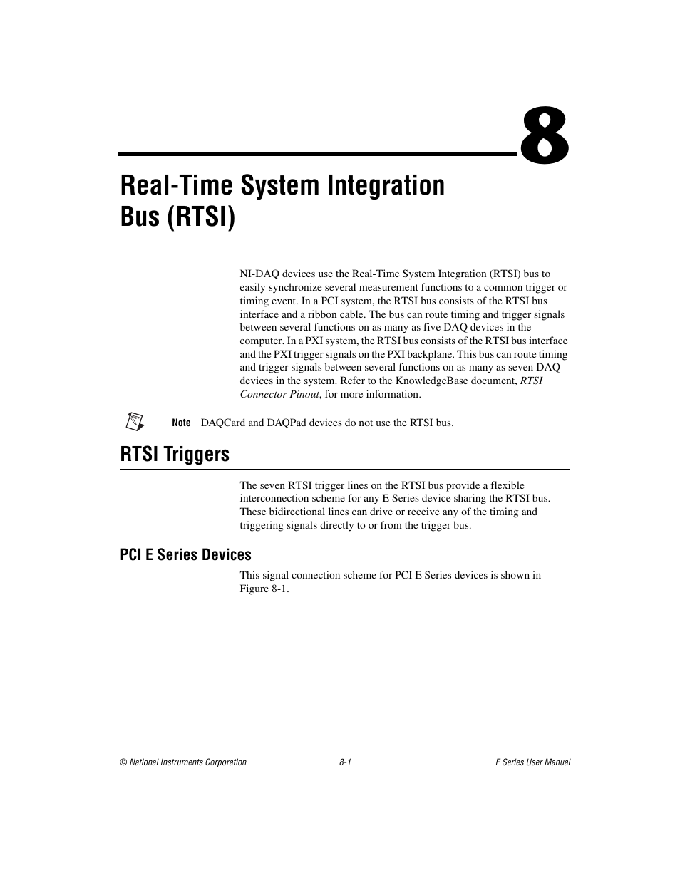Chapter 8 real-time system integration bus (rtsi), Rtsi triggers, Pci e series devices | Rtsi triggers -1, Pci e series devices -1, Real-time system integration, Bus (rtsi), Real-time system integration bus (rtsi) | National Instruments Data Acquisition Device E Series User Manual | Page 123 / 264