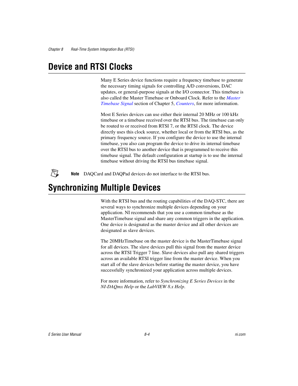 Device and rtsi clocks, Synchronizing multiple devices, Secti | National Instruments Data Acquisition Device E Series User Manual | Page 126 / 264