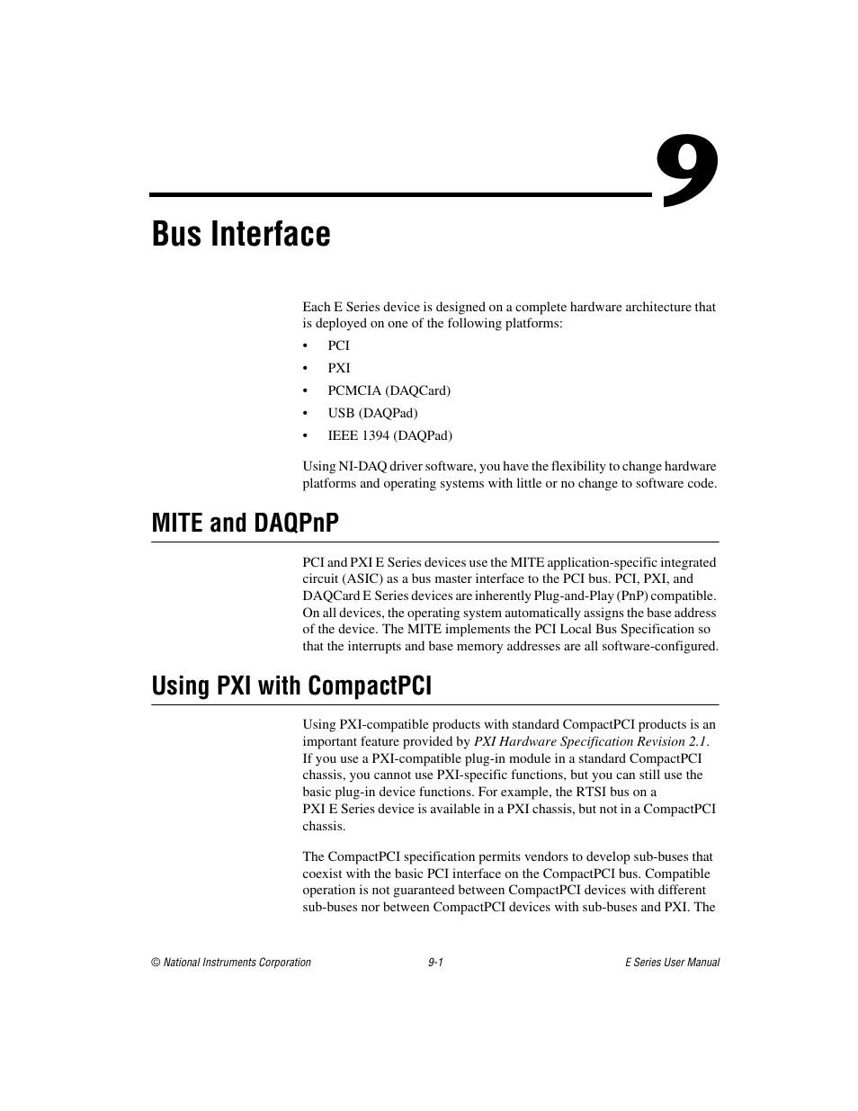 Chapter 9 bus interface, Mite and daqpnp, Using pxi with compactpci | Mite and daqpnp -1 using pxi with compactpci -1, Apter 9, Interface, Bus interface | National Instruments Data Acquisition Device E Series User Manual | Page 127 / 264