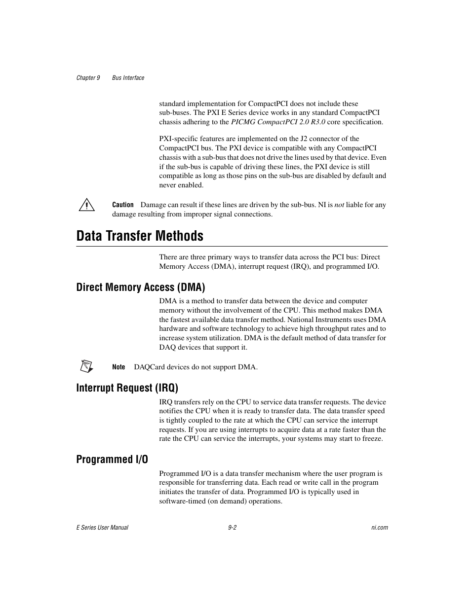 Data transfer methods, Direct memory access (dma), Interrupt request (irq) | Programmed i/o, Data transfer methods -2, Section | National Instruments Data Acquisition Device E Series User Manual | Page 128 / 264