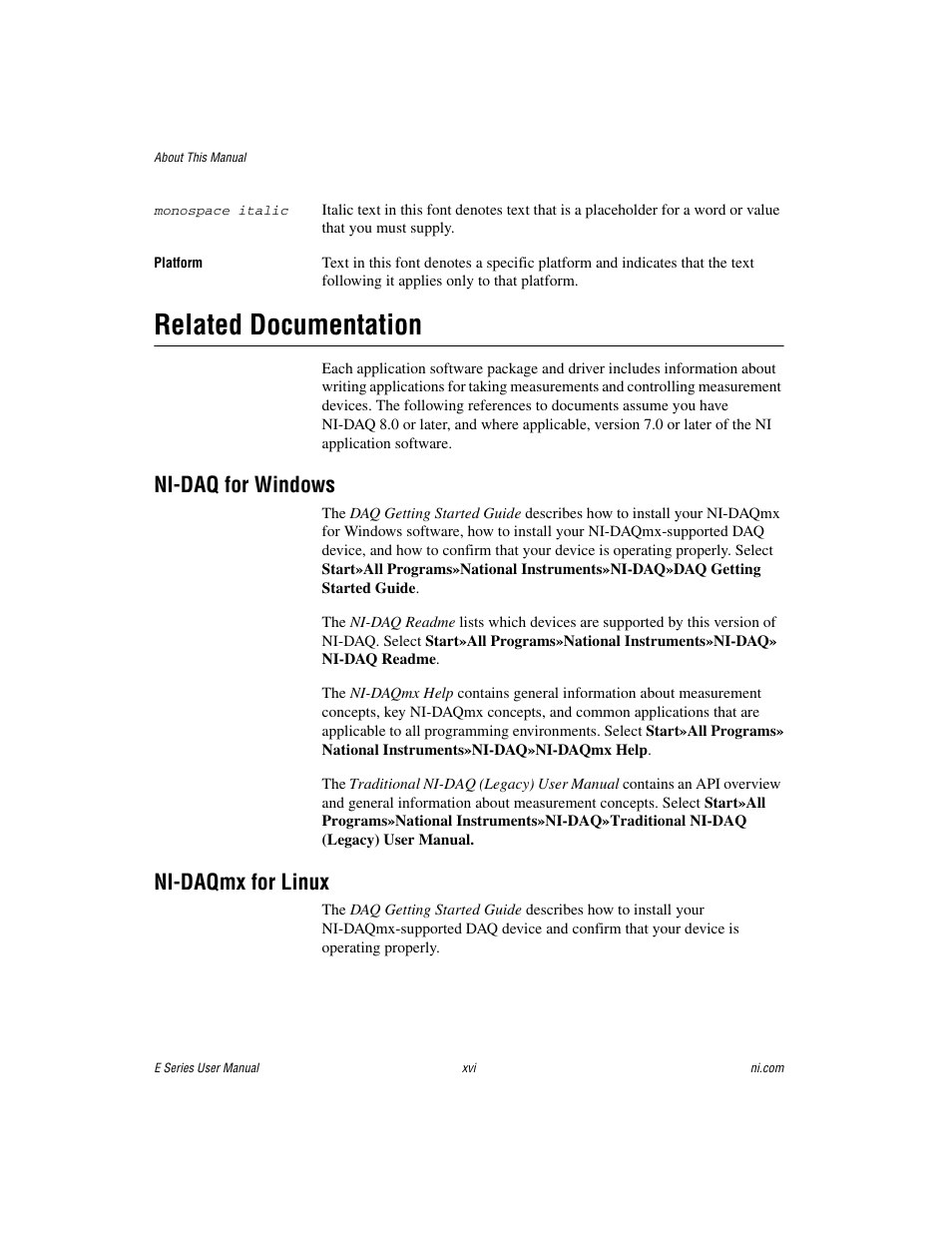 Related documentation, Ni-daq for windows, Ni-daqmx for linux | National Instruments Data Acquisition Device E Series User Manual | Page 13 / 264
