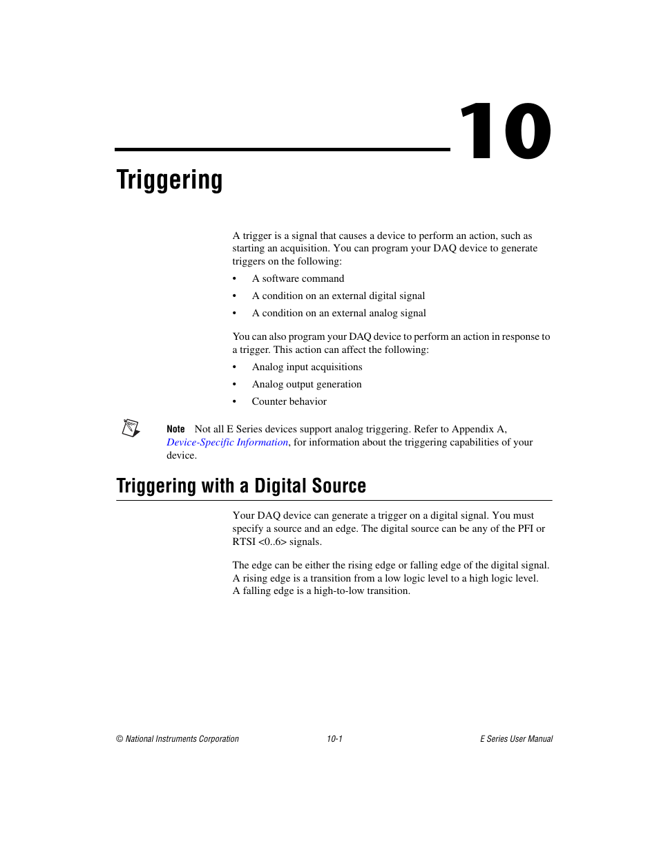 Chapter 10 triggering, Triggering with a digital source, Triggering with a digital source -1 | R 10, Triggering, Ter 10 | National Instruments Data Acquisition Device E Series User Manual | Page 130 / 264