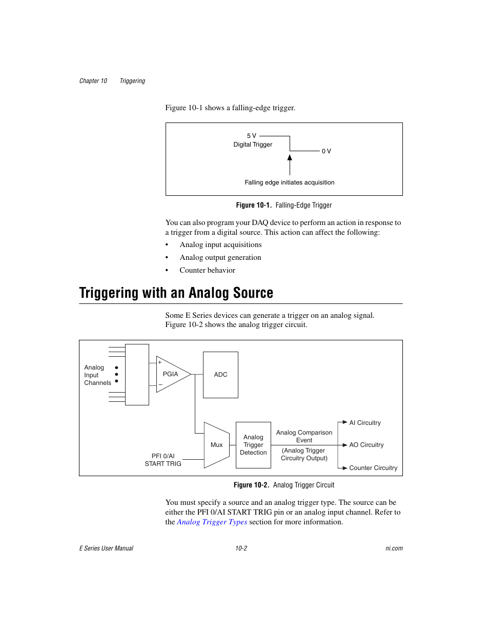 Figure 10-1. falling-edge trigger, Triggering with an analog source, Figure 10-2. analog trigger circuit | Triggering with an analog source -2, Triggering, With an analog source, Triggering with an analog, Source | National Instruments Data Acquisition Device E Series User Manual | Page 131 / 264