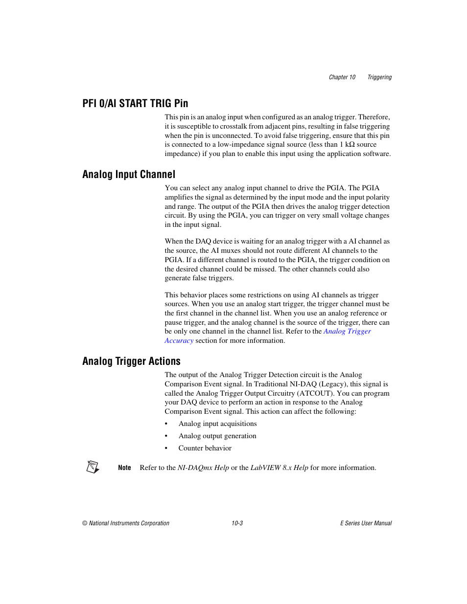 Pfi 0/ai start trig pin, Analog input channel, Analog trigger actions | National Instruments Data Acquisition Device E Series User Manual | Page 132 / 264