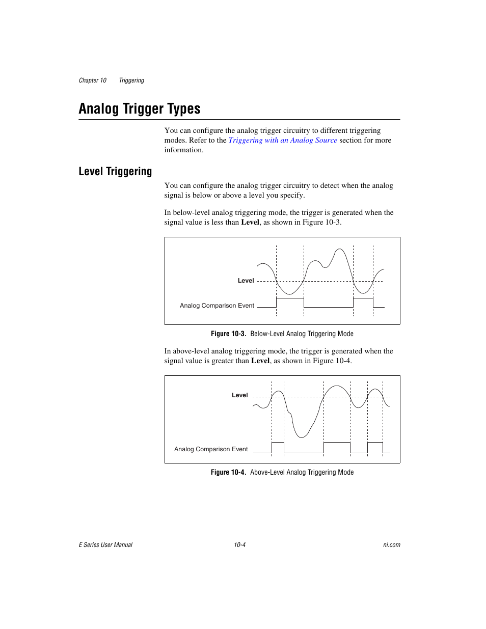 Analog trigger types, Level triggering, Figure 10-3. below-level analog triggering mode | Figure 10-4. above-level analog triggering mode, Analog trigger types -4, Level triggering -4 | National Instruments Data Acquisition Device E Series User Manual | Page 133 / 264