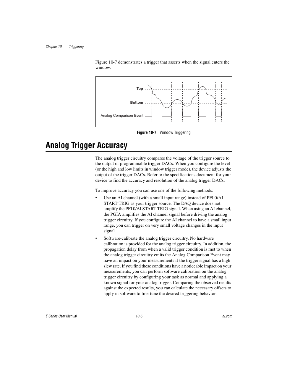 Figure 10-7. window triggering, Analog trigger accuracy, Analog trigger accuracy -6 | Analog trigger, Accuracy, Sect | National Instruments Data Acquisition Device E Series User Manual | Page 135 / 264