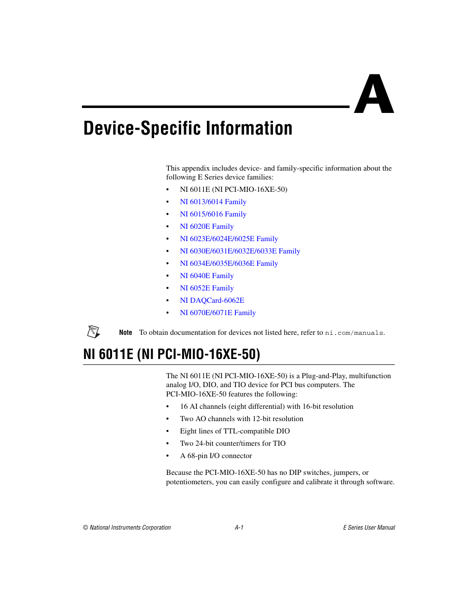 Appendix a device-specific information, Device-specific, Information | Device-specific information | National Instruments Data Acquisition Device E Series User Manual | Page 136 / 264