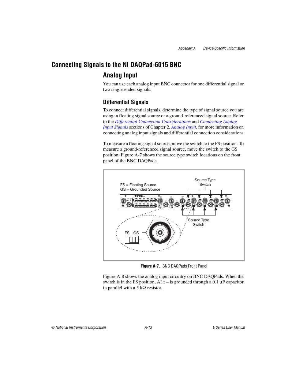 Figure a-7. bnc daqpads front panel, Differential signals | National Instruments Data Acquisition Device E Series User Manual | Page 148 / 264