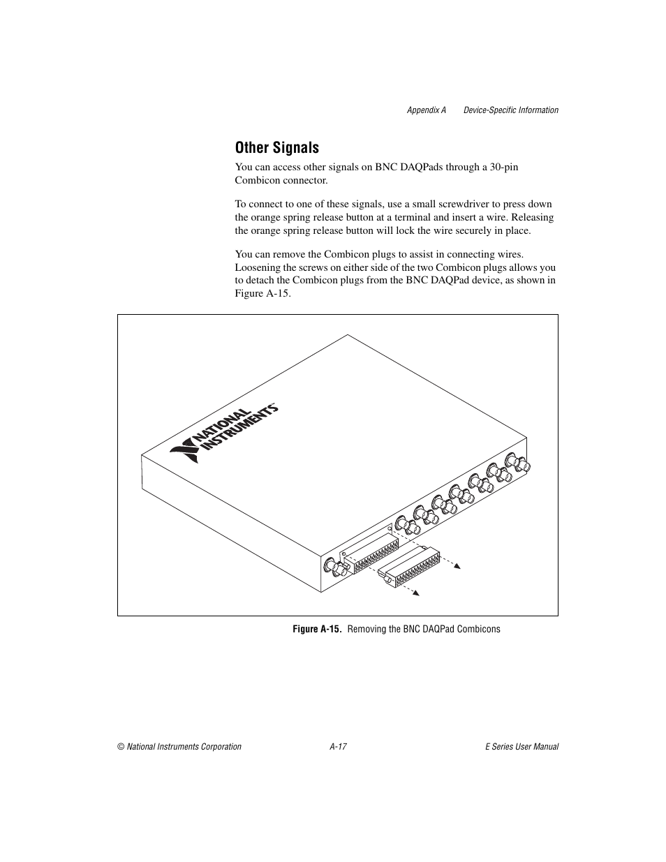 Figure a-15. removing the bnc daqpad combicons, Other signals | National Instruments Data Acquisition Device E Series User Manual | Page 152 / 264