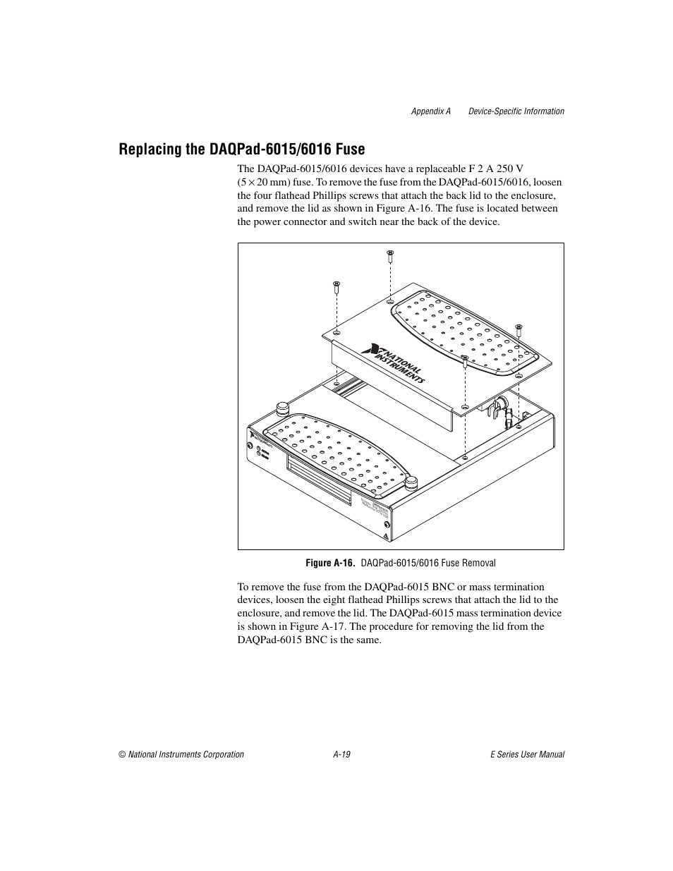 Figure a-16. daqpad-6015/6016 fuse removal, National instrumen ts | National Instruments Data Acquisition Device E Series User Manual | Page 154 / 264