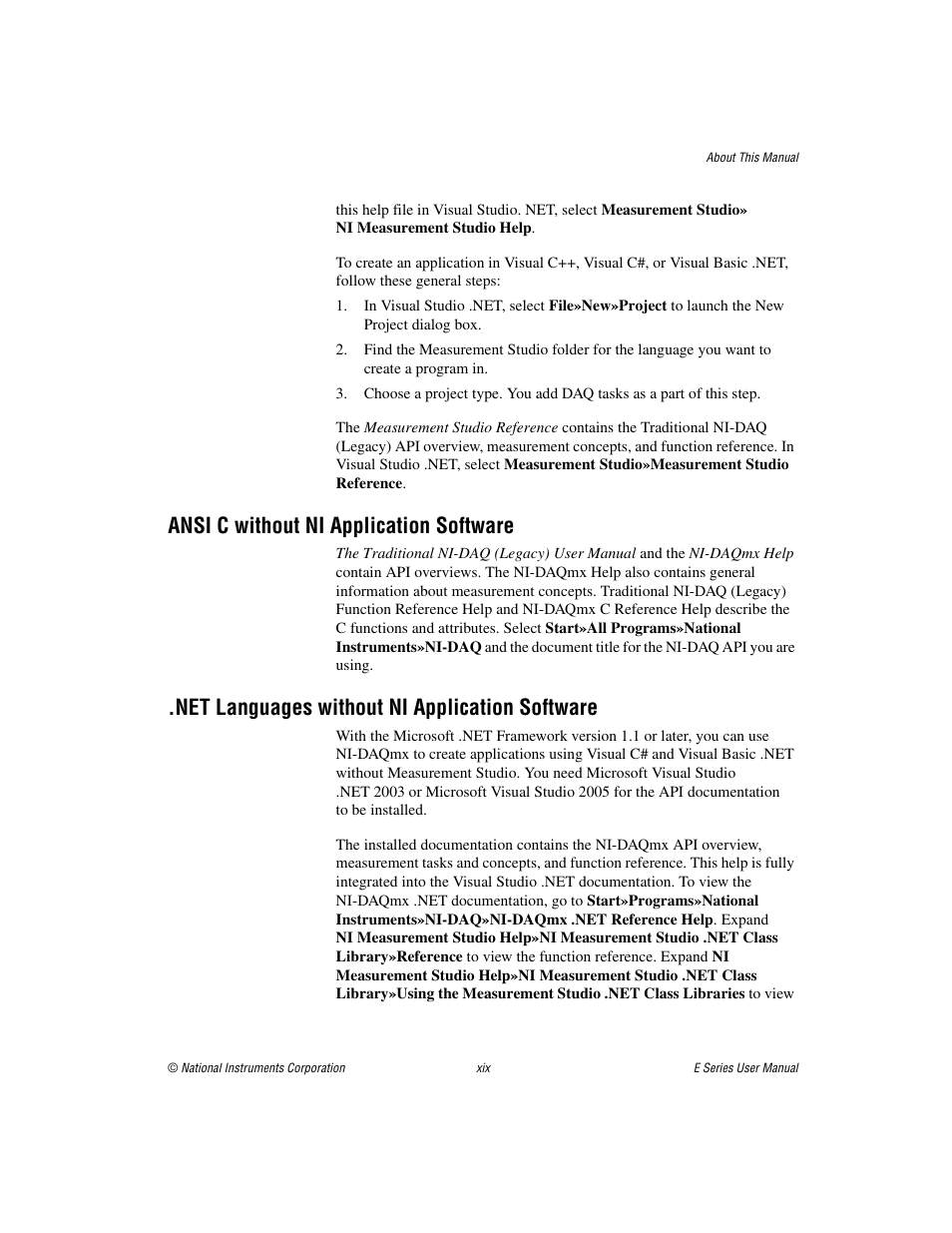 Ansi c without ni application software, Net languages without ni application software | National Instruments Data Acquisition Device E Series User Manual | Page 16 / 264