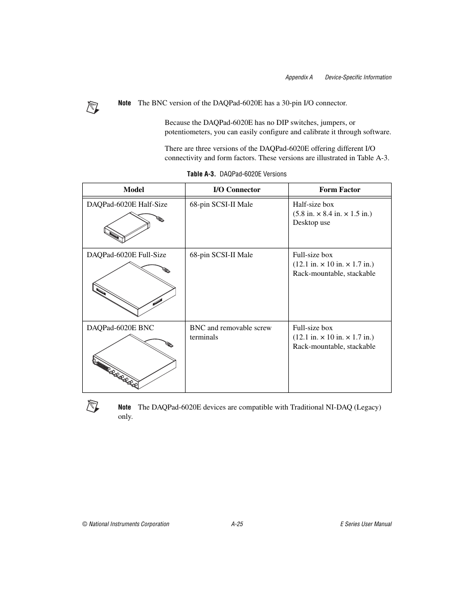 Table a-3. daqpad-6020e versions | National Instruments Data Acquisition Device E Series User Manual | Page 160 / 264