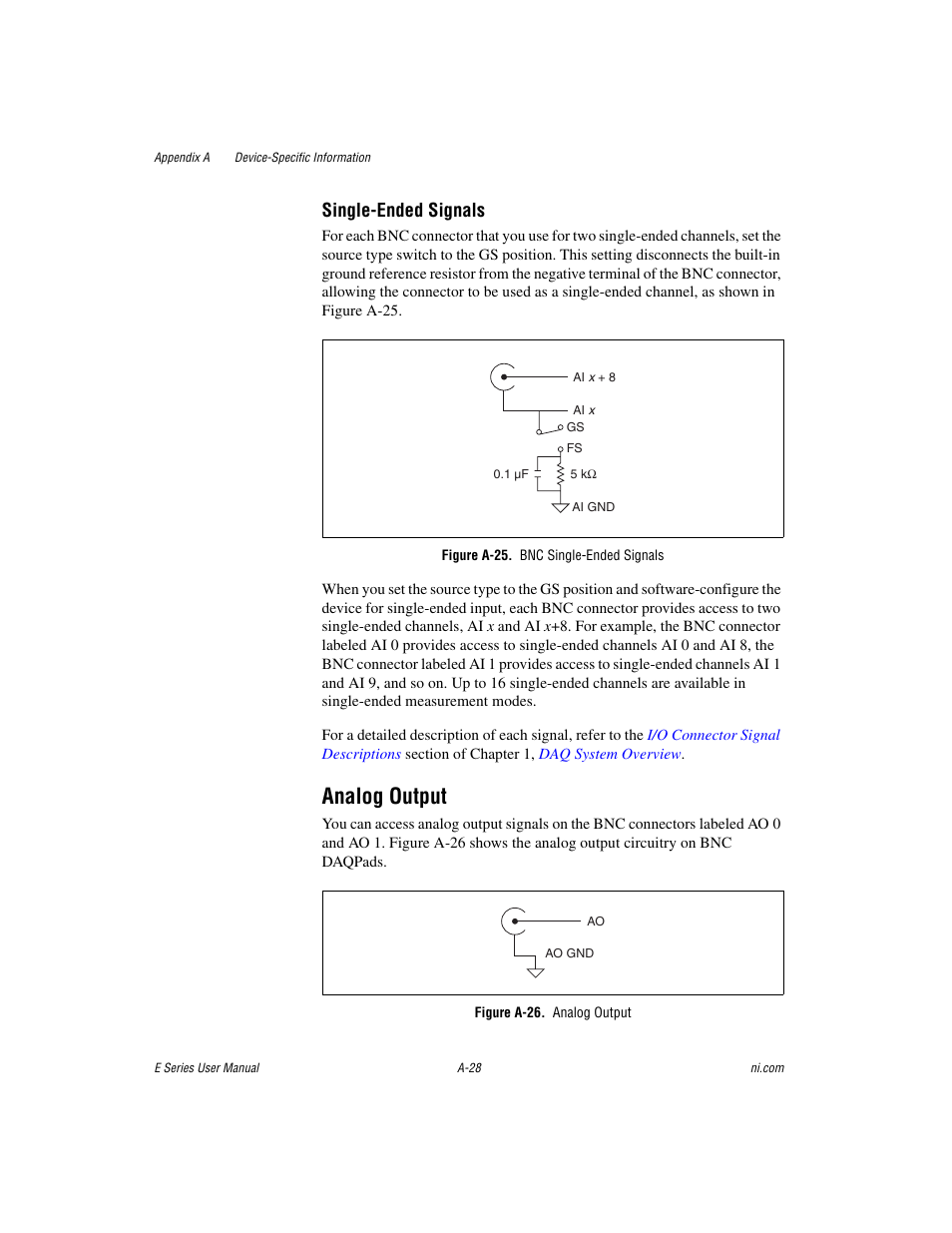 Figure a-25. bnc single-ended signals, Figure a-26. analog output, Analog output | Single-ended signals | National Instruments Data Acquisition Device E Series User Manual | Page 163 / 264