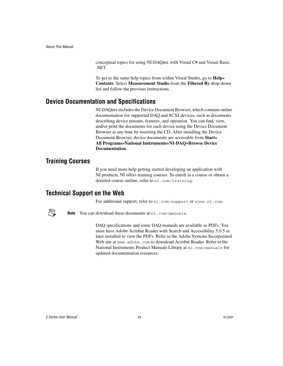 Device documentation and specifications, Training courses, Technical support on the web | National Instruments Data Acquisition Device E Series User Manual | Page 17 / 264