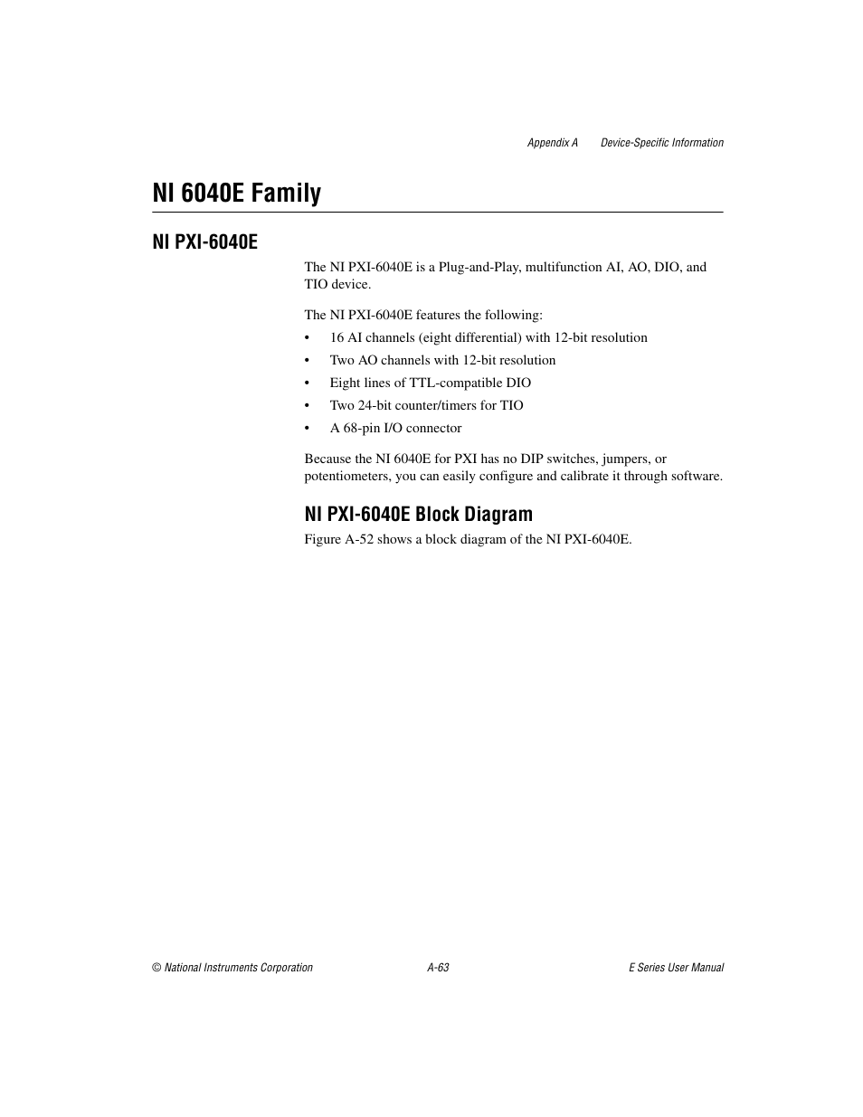 Ni 6040e family, Ni pxi-6040e, Ni pxi-6040e block diagram | National Instruments Data Acquisition Device E Series User Manual | Page 198 / 264