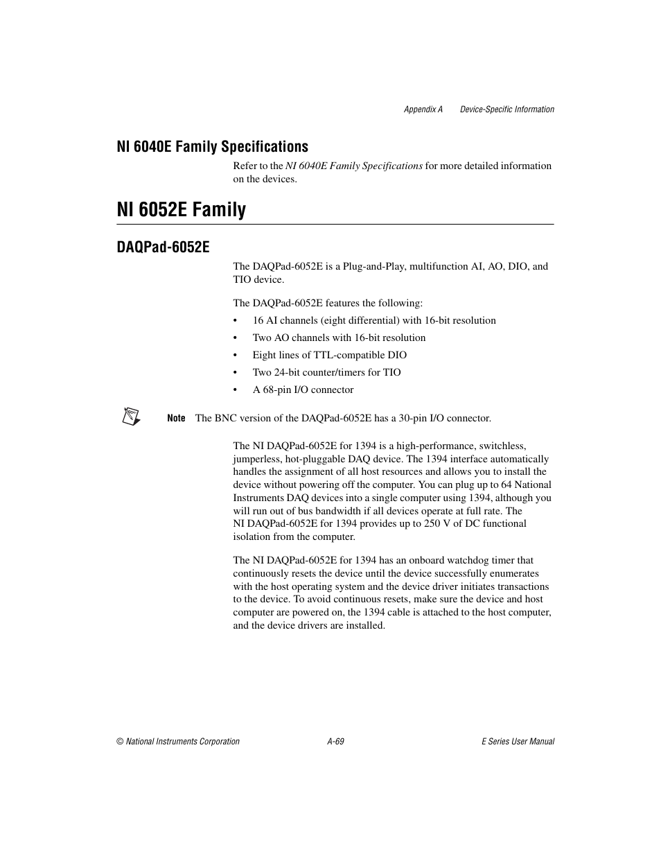 Ni 6052e family, Ni 6040e family specifications, Daqpad-6052e | National Instruments Data Acquisition Device E Series User Manual | Page 204 / 264