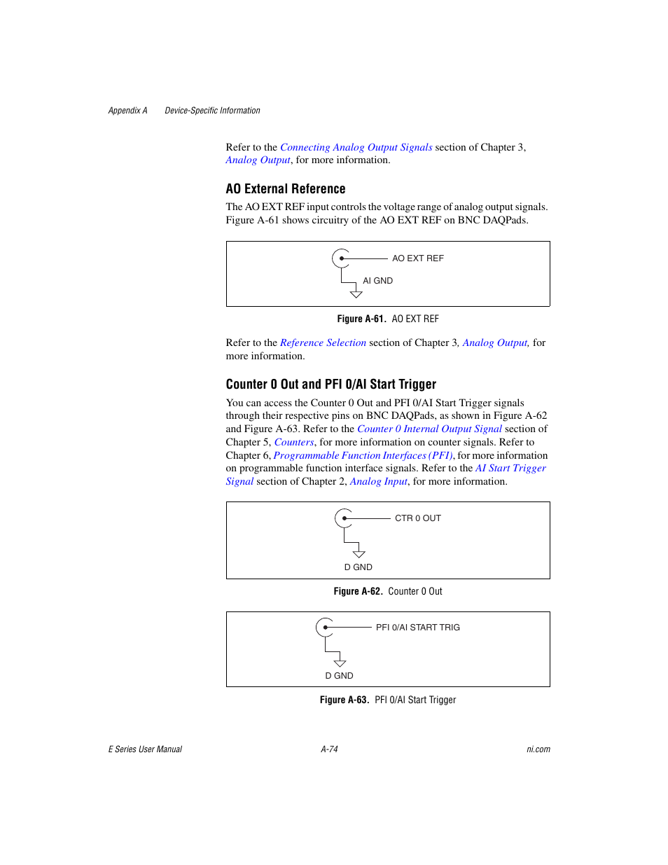 Figure a-61. ao ext ref, Figure a-62. counter 0 out, Figure a-63. pfi 0/ai start trigger | Ao external reference, Counter 0 out and pfi 0/ai start trigger | National Instruments Data Acquisition Device E Series User Manual | Page 209 / 264