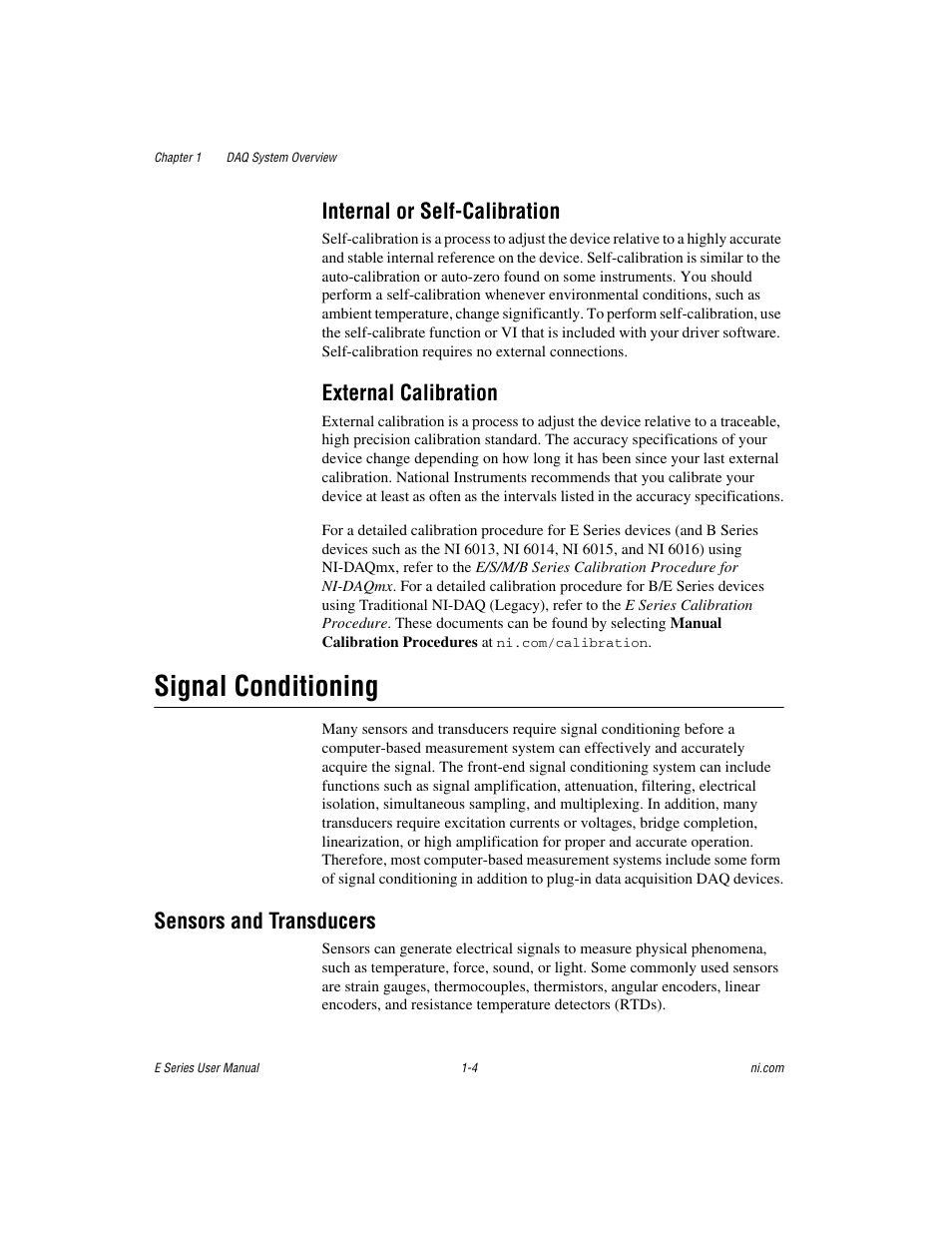 Internal or self-calibration, External calibration, Signal conditioning | Sensors and transducers, Signal conditioning -4, Sensors and transducers -4 | National Instruments Data Acquisition Device E Series User Manual | Page 21 / 264
