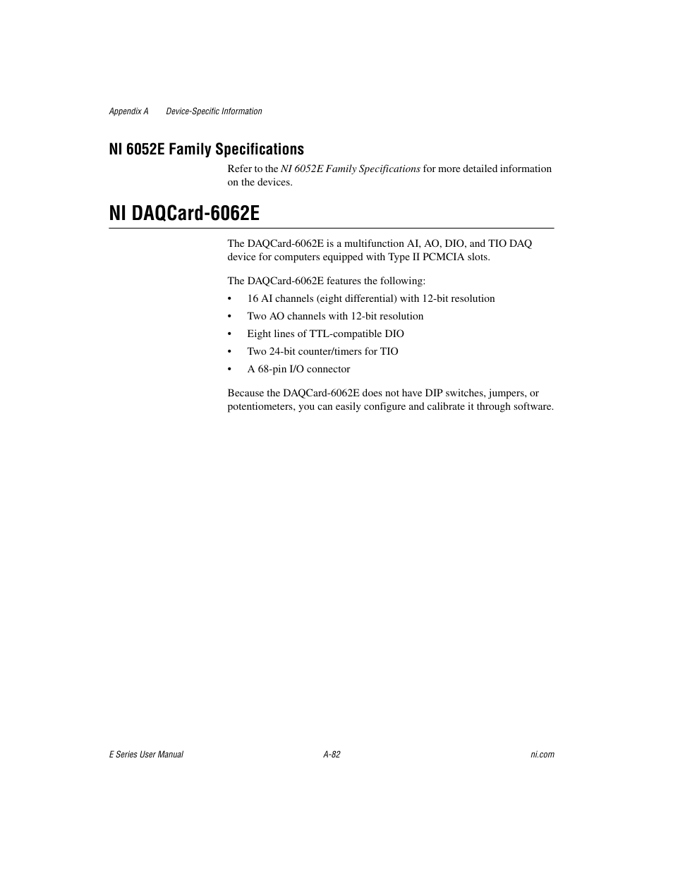 Ni daqcard-6062e, Ni 6052e family specifications | National Instruments Data Acquisition Device E Series User Manual | Page 217 / 264