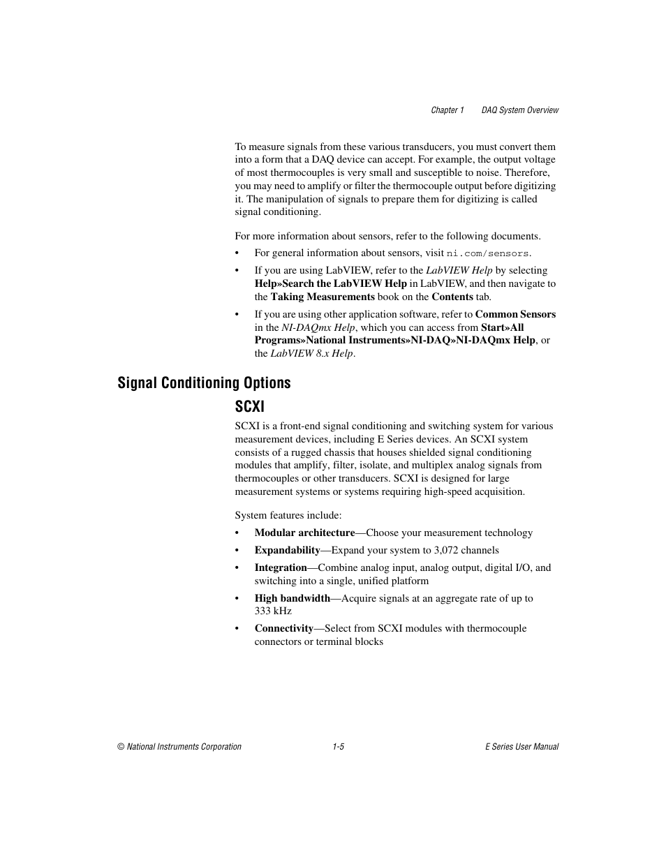 Signal conditioning options, Scxi, Signal conditioning options -5 | Scxi -5, Signal conditioning options scxi | National Instruments Data Acquisition Device E Series User Manual | Page 22 / 264