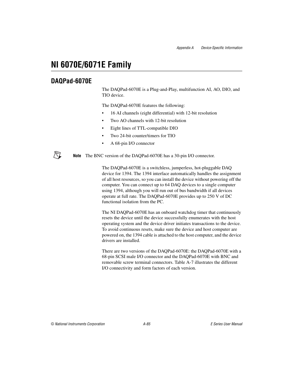 Ni 6070e/6071e family, Daqpad-6070e | National Instruments Data Acquisition Device E Series User Manual | Page 220 / 264