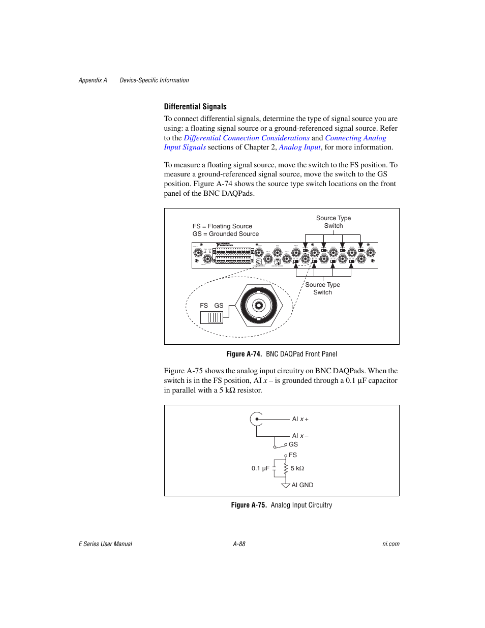 Figure a-74. bnc daqpad front panel, Figure a-75. analog input circuitry | National Instruments Data Acquisition Device E Series User Manual | Page 223 / 264