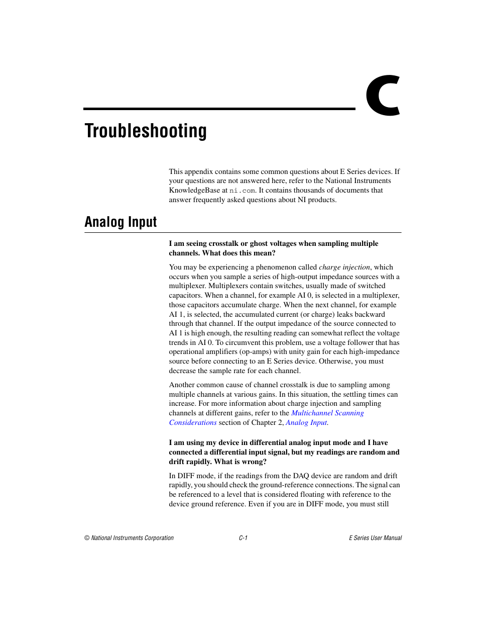 Appendix c troubleshooting, Troubleshooting, Analog input | National Instruments Data Acquisition Device E Series User Manual | Page 246 / 264