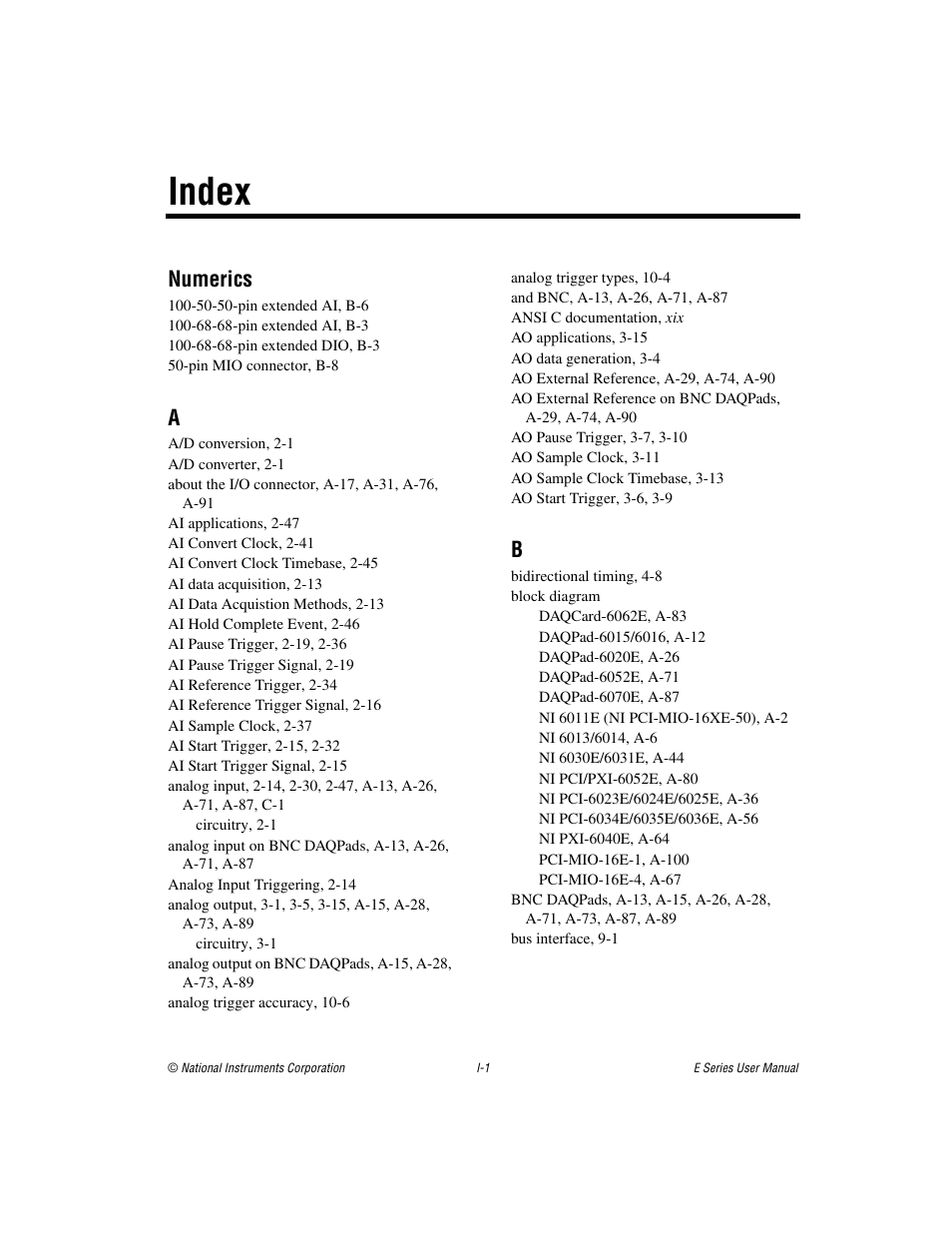 Index, Numerics | National Instruments Data Acquisition Device E Series User Manual | Page 258 / 264