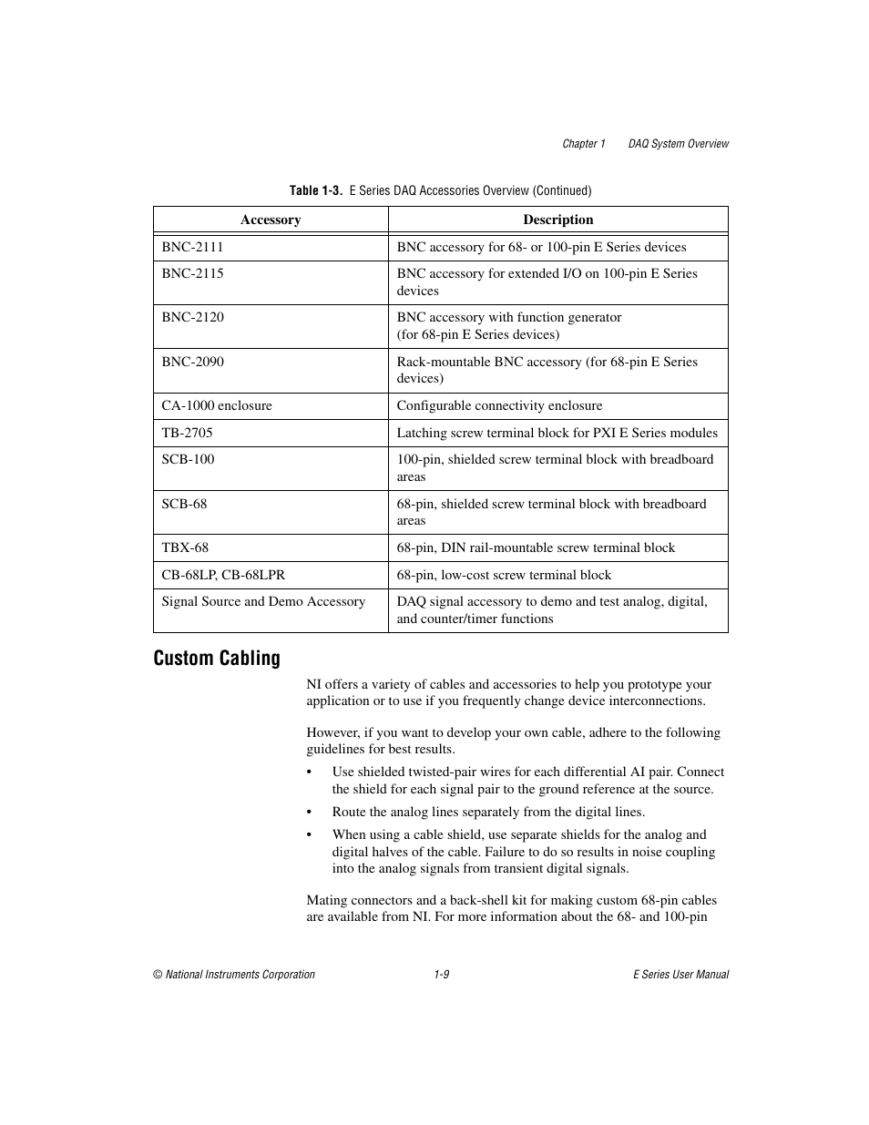 Custom cabling, Custom cabling -9 | National Instruments Data Acquisition Device E Series User Manual | Page 26 / 264