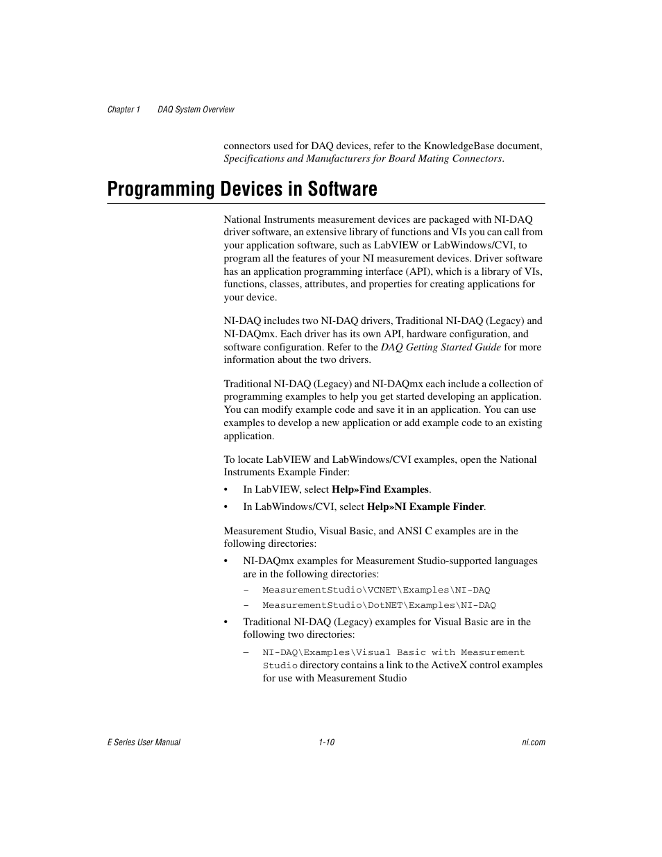 Programming devices in software, Programming devices in software -10 | National Instruments Data Acquisition Device E Series User Manual | Page 27 / 264