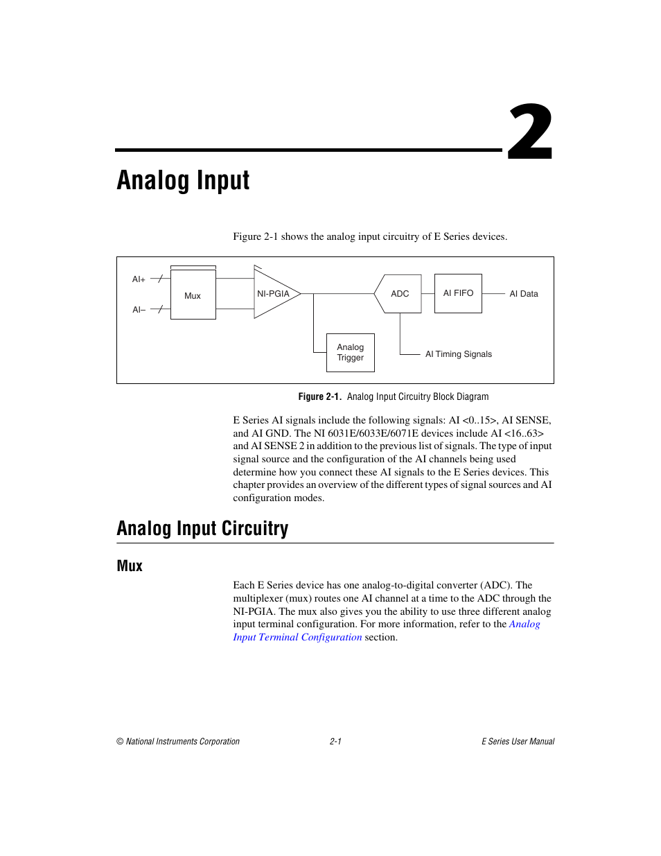 Chapter 2 analog input, Figure 2-1. analog input circuitry block diagram, Analog input circuitry | Analog input circuitry -1, Mux -1, Analog input | National Instruments Data Acquisition Device E Series User Manual | Page 34 / 264