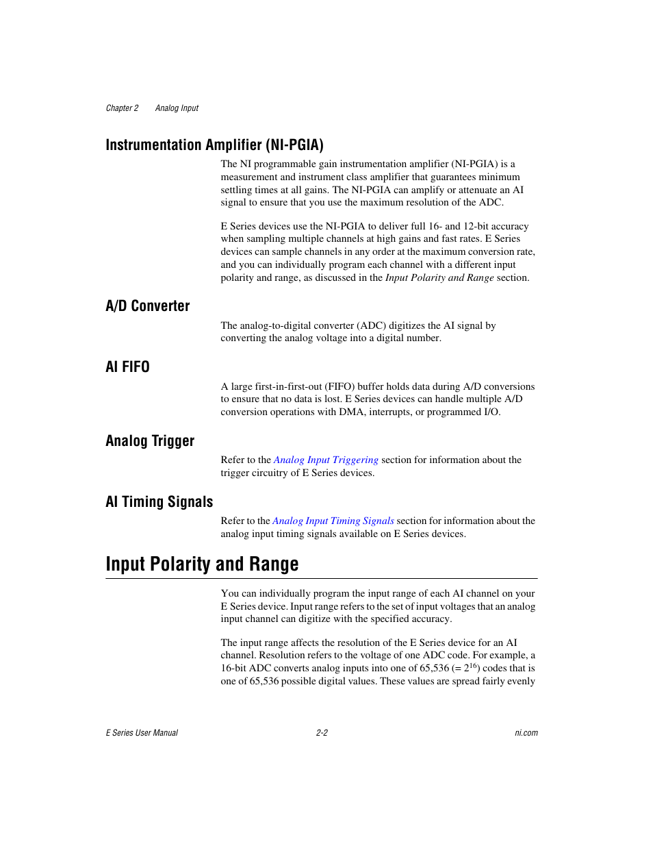 Instrumentation amplifier (ni-pgia), A/d converter, Ai fifo | Analog trigger, Ai timing signals, Input polarity and range, Input polarity and range -2 | National Instruments Data Acquisition Device E Series User Manual | Page 35 / 264