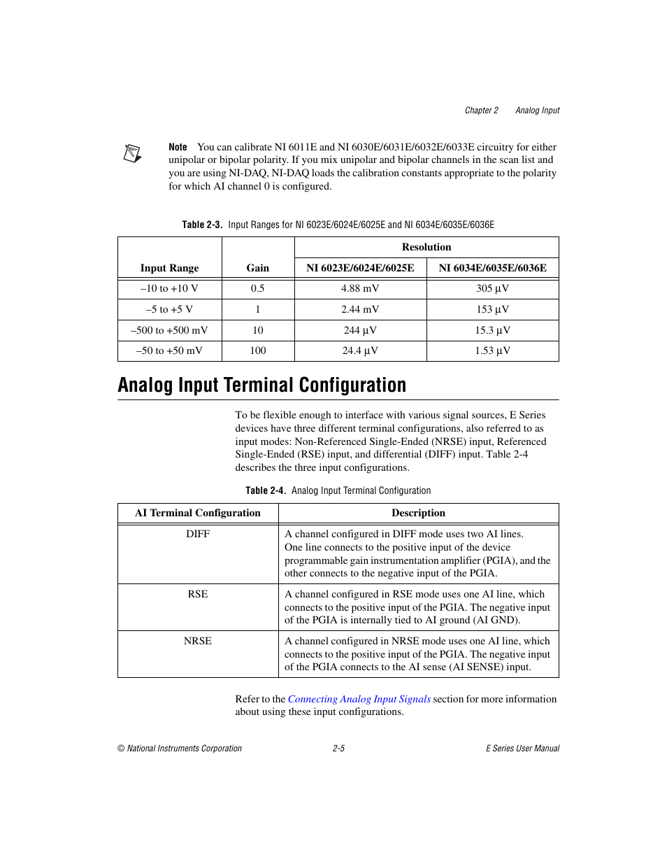 Analog input terminal configuration, Table 2-4. analog input terminal configuration, Analog input terminal configuration -5 | To the, Analog, Input terminal configuration, Section | National Instruments Data Acquisition Device E Series User Manual | Page 38 / 264