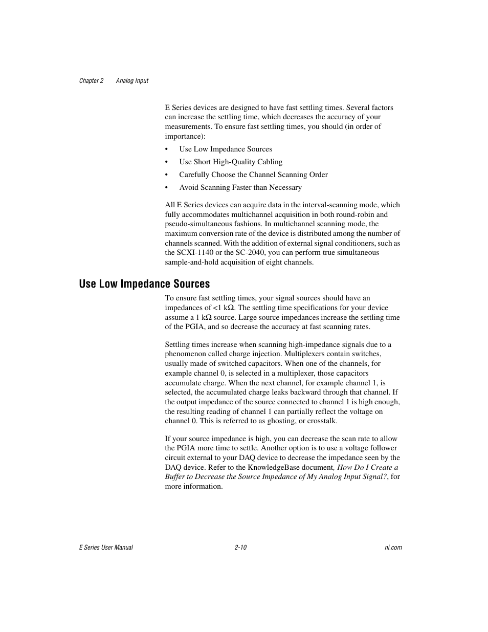 Use low impedance sources, Use low impedance sources -10 | National Instruments Data Acquisition Device E Series User Manual | Page 43 / 264