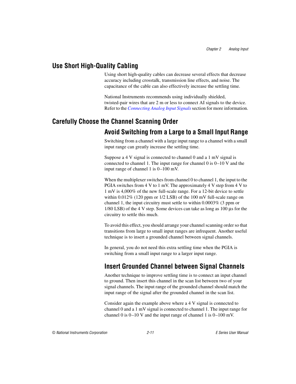 Use short high-quality cabling, Carefully choose the channel scanning order, Insert grounded channel between signal channels | National Instruments Data Acquisition Device E Series User Manual | Page 44 / 264