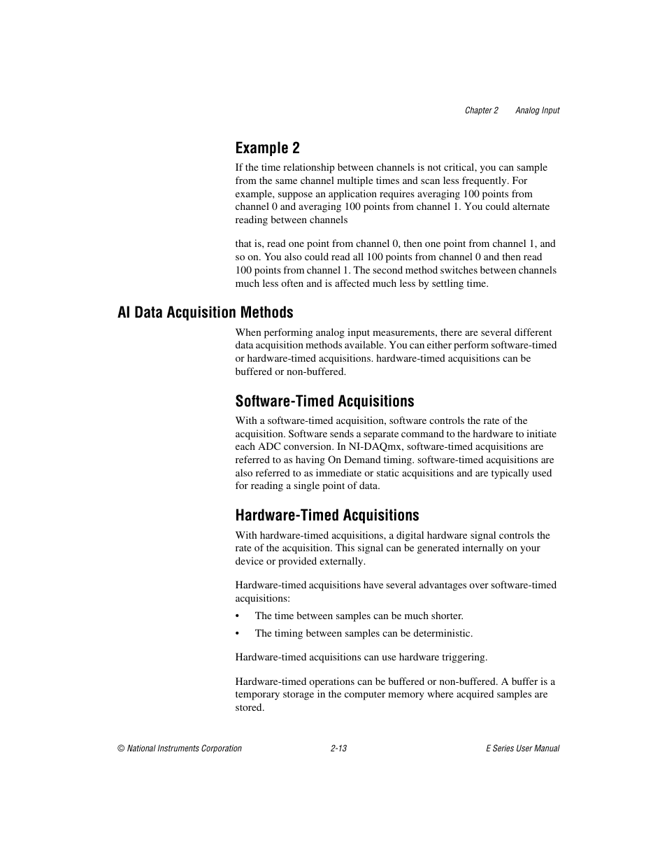 Example 2, Ai data acquisition methods, Software-timed acquisitions | Hardware-timed acquisitions, Example 2 -13, Ai data acquisition methods -13 | National Instruments Data Acquisition Device E Series User Manual | Page 46 / 264